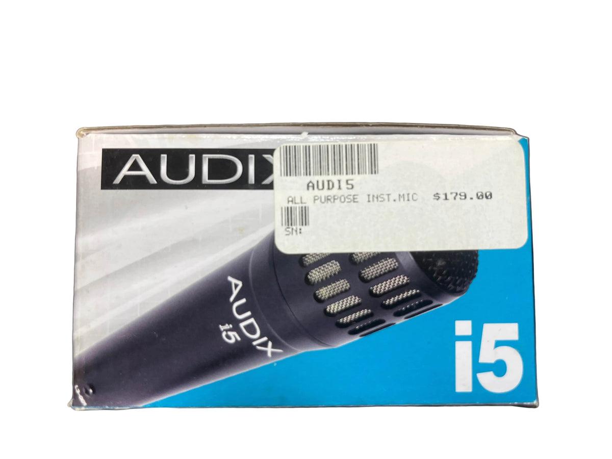 A preowned Audix i5 All-Purpose Dynamic Instrument Microphone by Audix, boxed with a $179.00 price sticker and barcode, is displayed on a gray surface.