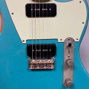 Big River Jazzcaster Custom Relic Pelham Blue Used electric guitar body with two black soapbar Lollar pickups, a white pickguard, and metal bridge and control plate.