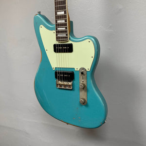 Big River Jazzcaster Custom Relic Pelham Blue Used offset-body electric guitar with a cream pickguard and two black soapbar Lollar pickups.