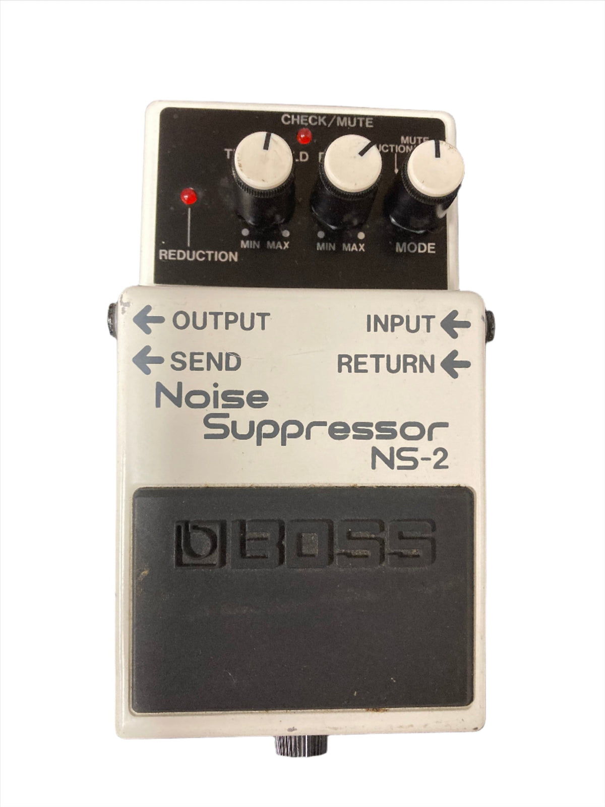 Close-up of the Boss NS-2 Noise Suppressor USED, highlighting its control knobs and features for eliminating noise in signal chains.