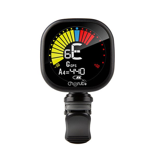 The Cherub WST-675 Rechargeable Tuner by Cherub features a color display with tuning info—needle, note letters, frequency—and a clamp for easy instrument attachment.