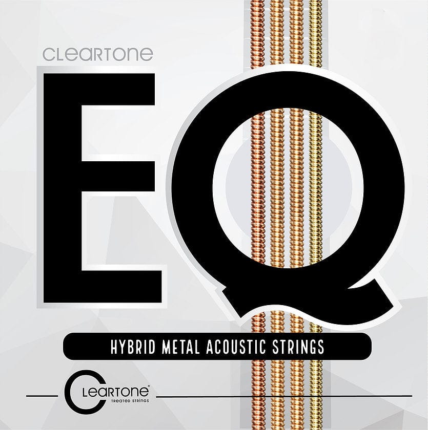 Cleartone EQ Acoustic Guitar Strings in a white box with black letters and gold strings, featuring a black circle with gold and silver wires.