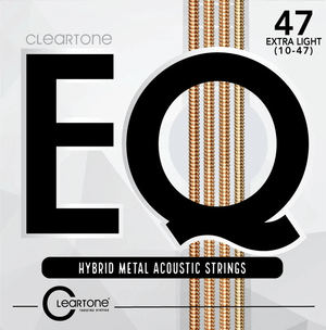 Cleartone EQ Acoustic Guitar Strings packaging featuring black text and gold accents on a white box, highlighting premium materials and advanced technology for superior tone.