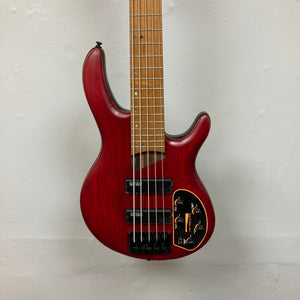 Cort B5 Artisan Element Open Pore Burgundy Red Bass Guitar with roasted maple fretboard, 5-piece neck, and Bartolini MK-1 pickups.