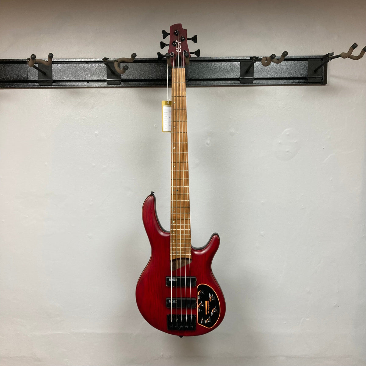 Cort B5 Artisan Element Open Pore Burgundy Red Bass Guitar on display, showcasing its roasted maple fretboard and 5-piece panga-panga and walnut neck.