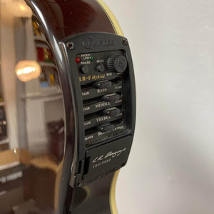 Close-up of the Crafter SA-BUB Acoustic Electric Guitar Used Consign preamp panel, showing bass, middle, and treble controls—ideal for live play—with “L.R. Baggs Equipped” label visible. Brand: Crafter.
