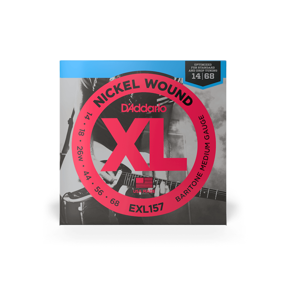 D&#39;Addario Baritone XL Medium Strings EXL157 box featuring a guitar image, designed for rich, full baritone guitar sound.