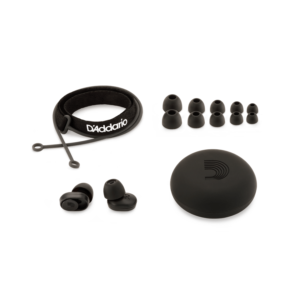 D'Addario dBud Universal Fit Volume Earplugs, shown with black case and strap, designed for musicians seeking adjustable ear protection.