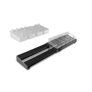 A black rectangular D'Addario XPND Expanding Pedalboard with sliding rails holds four clear pedals, with four more positioned above and to the left, all set against a plain white background.