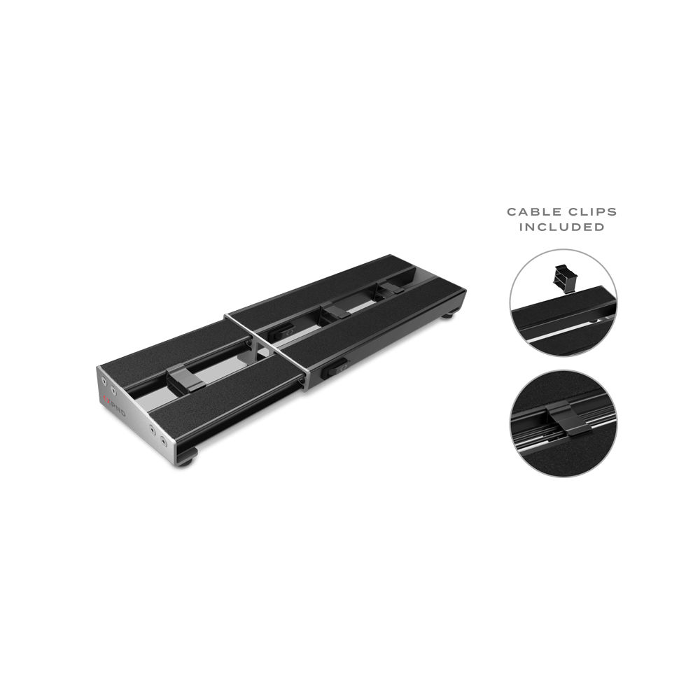 A close-up shows the D&#39;Addario XPND Expanding Pedalboard by D&#39;Addario in black and silver, featuring foam-padded slots and cable clips, displayed to the right of the main product.