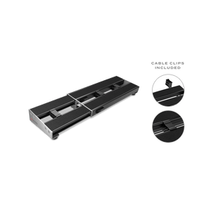 A close-up shows the D'Addario XPND Expanding Pedalboard by D'Addario in black and silver, featuring foam-padded slots and cable clips, displayed to the right of the main product.