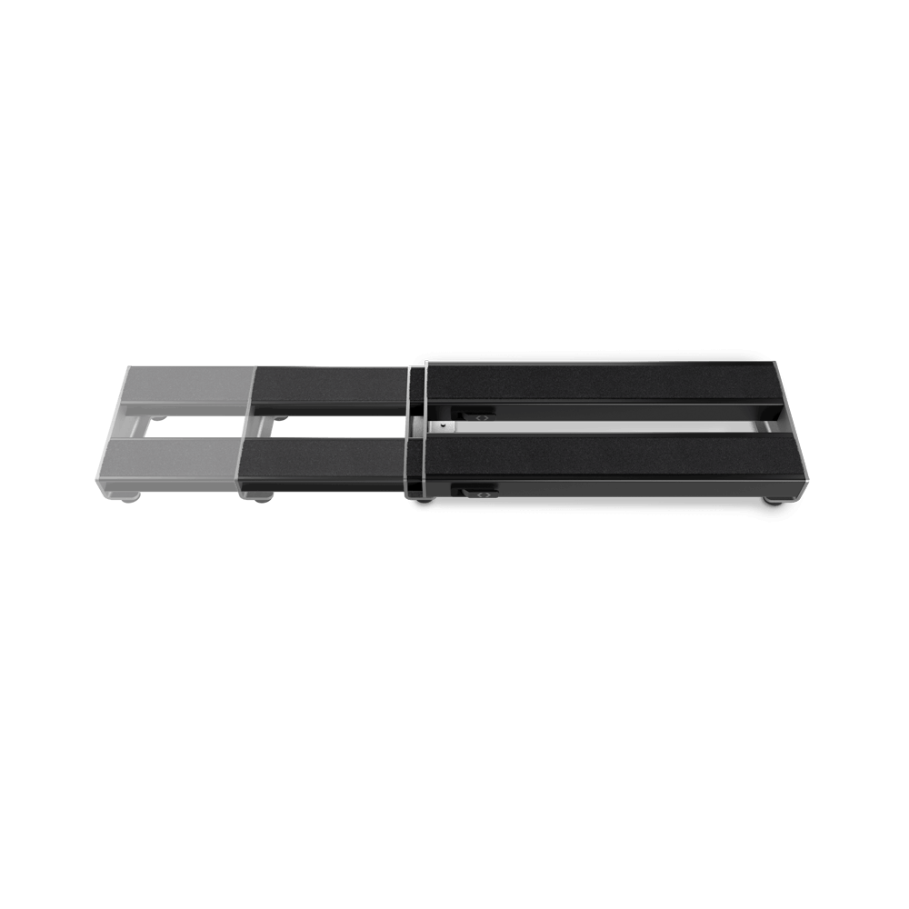 A black rectangular D'Addario XPND Expanding Pedalboard with sliding rails holds four clear pedals, with four more positioned above and to the left, all set against a plain white background.