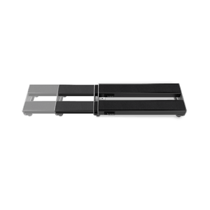 The D'Addario XPND Expanding Pedalboard by D'Addario, shown in black and gray with two adjustable sections (one partly transparent to highlight extension), is displayed against a plain white background.