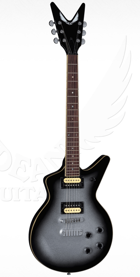 Dean Cadillac 1980 Silverburst electric guitar with white wings and classic black back, featuring DMT pickups and chrome hardware.