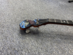 Deering Deluxe 4-String Banjo on a carpet, showcasing its design and build quality.