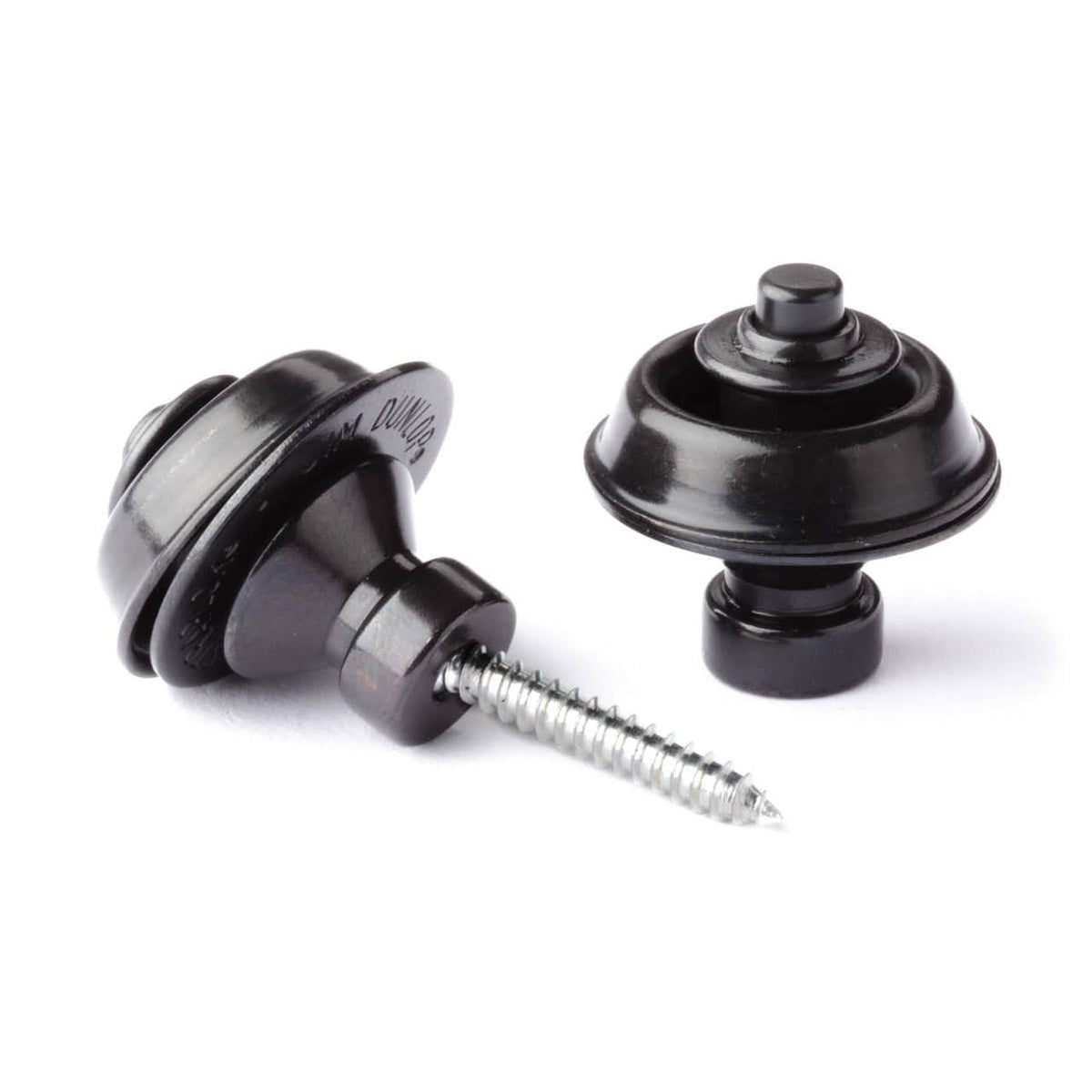 Two black Dunlop Straplok Original Strap Retainer System buttons, one showing the screw and lock mechanism and the other upright for a clear top view—both reliable retainer parts for secure guitar straps.