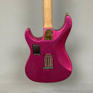 A close-up view of the back of an Edwards ESP E-SN-185-TO Takayoshi Ohmura Twinkle Pink electric guitar, featuring dual humbuckers, a maple neck, metal hardware, and a rectangular battery compartment, set against a plain light gray background.