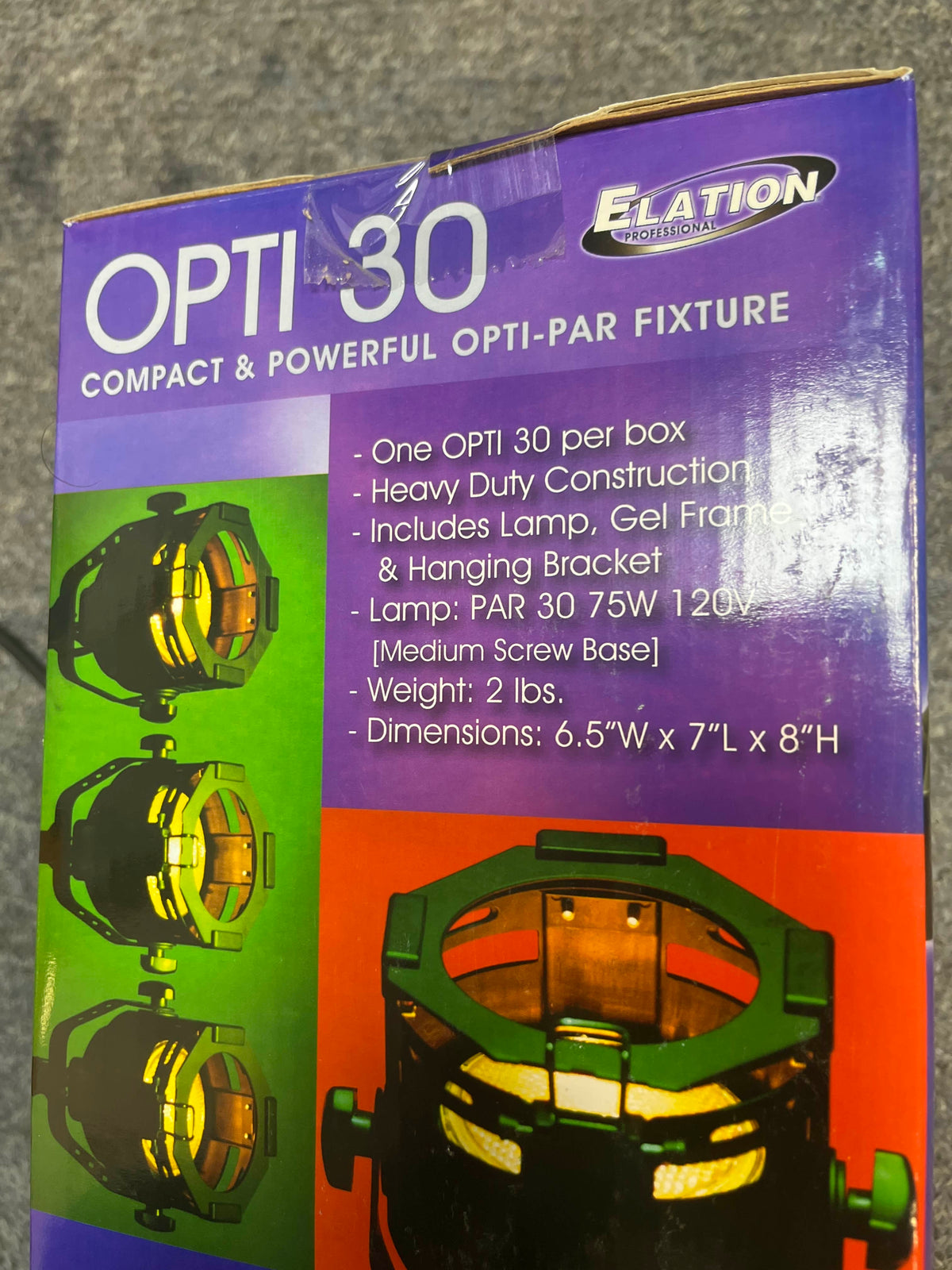 Box for Elation Professional OPTI 30 Compact & Powerful Opti-PAR Fixture, featuring specs, product highlights, and images of this professional lighting solution on a vibrant purple background.