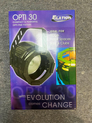 Box of Elation Professional's OPTI 30 Compact & Powerful Opti-PAR Fixture, ideal for stage lighting in retail, bars, and clubs, with the text: "with EVOLUTION comes CHANGE.