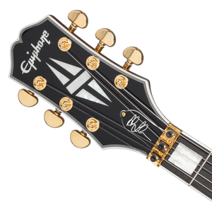 Epiphone Alex Lifeson Les Paul Custom Axcess Left-Handed guitar close-up, showcasing strings, logo, and signature details.