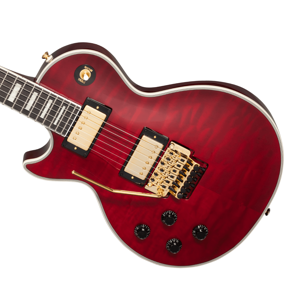 Epiphone Alex Lifeson Les Paul Custom Axcess Left-Handed electric guitar with detailed knobs and tremolo system, ideal for versatile rock performances.