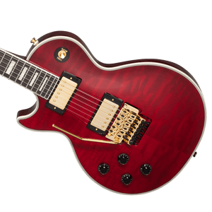 Epiphone Alex Lifeson Les Paul Custom Axcess Left-Handed electric guitar with detailed knobs and tremolo system, ideal for versatile rock performances.