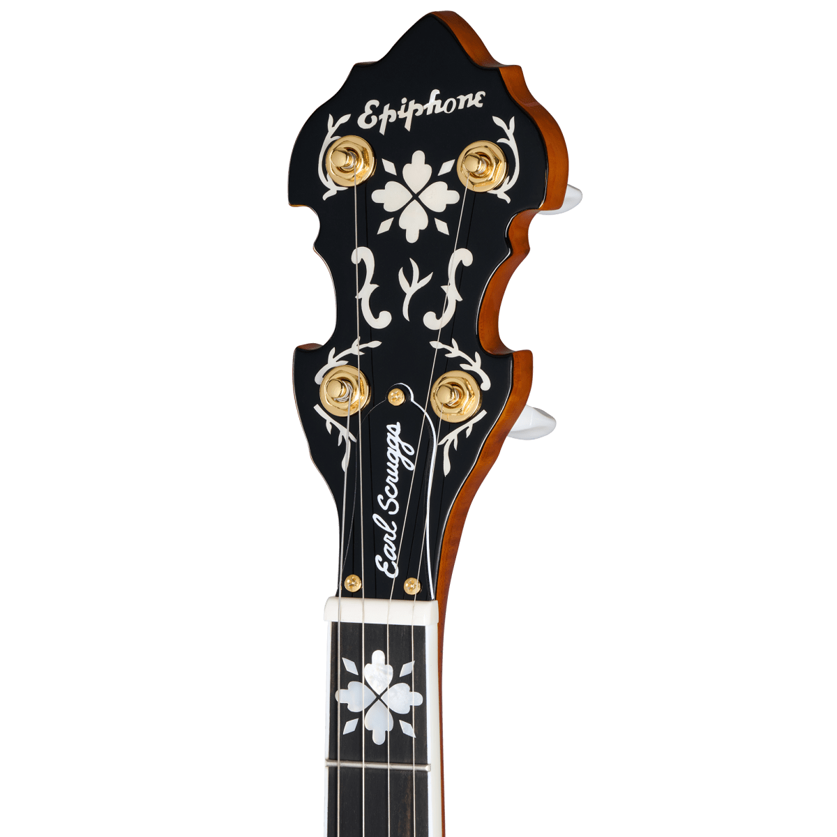 Close-up of the Epiphone Earl Scruggs Golden Deluxe Banjo, highlighting the strings, tuning pegs, and intricate details on the fretboard.