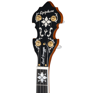 Close-up of the Epiphone Earl Scruggs Golden Deluxe Banjo, highlighting the strings, tuning pegs, and intricate details on the fretboard.