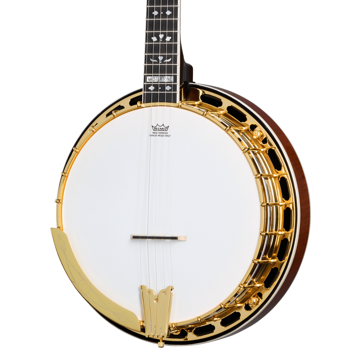 Close-up of the Epiphone Earl Scruggs Golden Deluxe Banjo, showcasing intricate detailing and gold hardware.