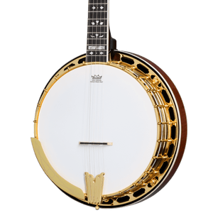 Close-up of the Epiphone Earl Scruggs Golden Deluxe Banjo, showcasing intricate detailing and gold hardware.