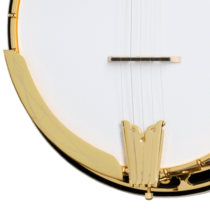 Close-up of the Epiphone Earl Scruggs Golden Deluxe Banjo, highlighting strings and intricate craftsmanship.