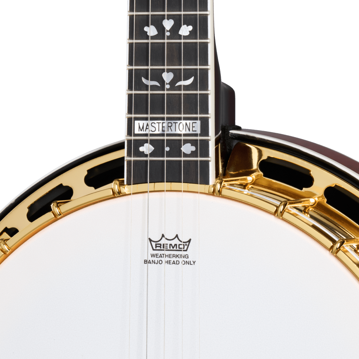 Close-up of the Epiphone Earl Scruggs Golden Deluxe Banjo, showcasing intricate details and gold-plated hardware.