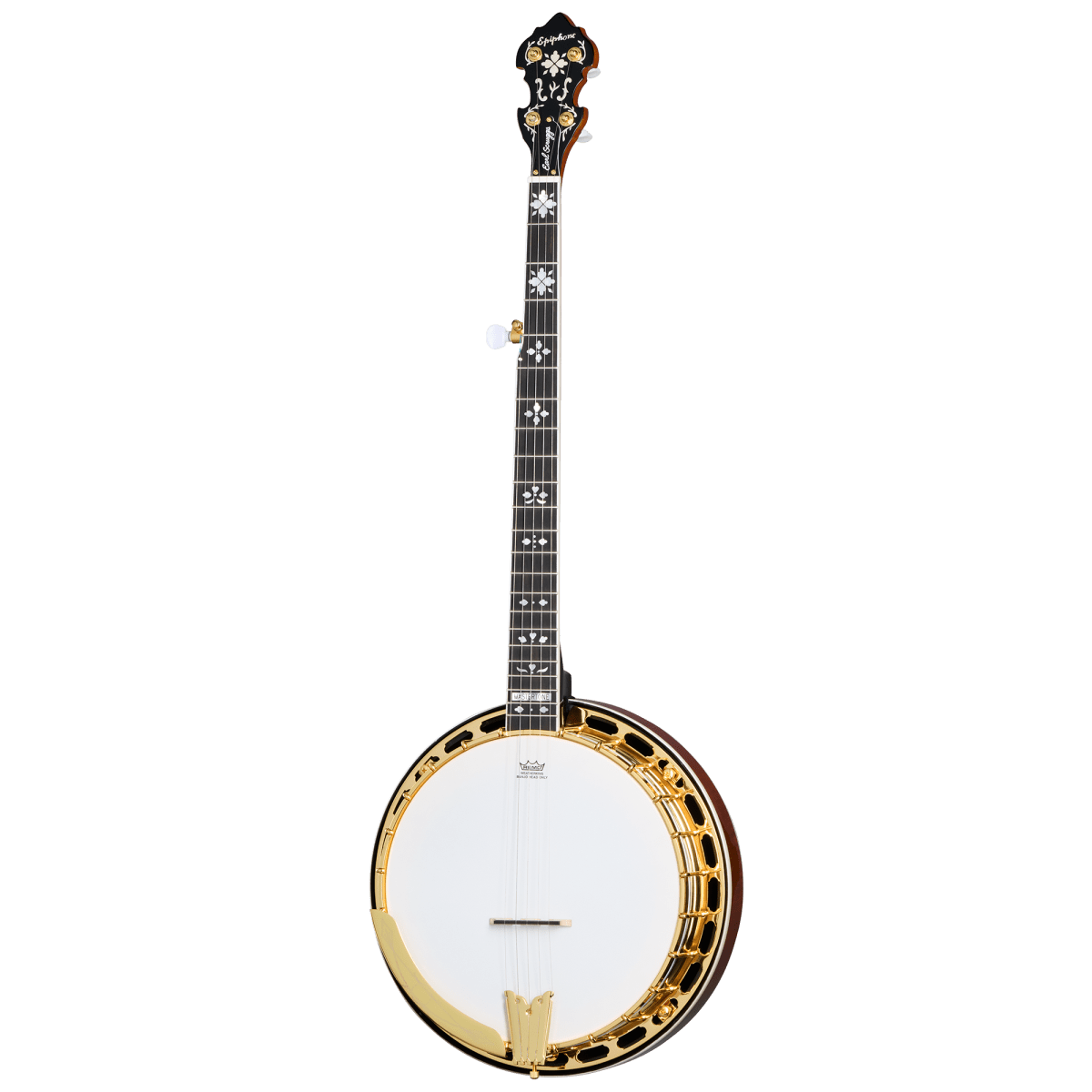 Epiphone Earl Scruggs Golden Deluxe Banjo - Natural, featuring detailed craftsmanship and gold hardware, showcased up close.