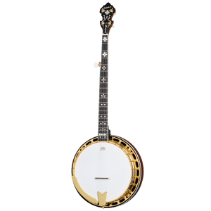 Epiphone Earl Scruggs Golden Deluxe Banjo - Natural, featuring detailed craftsmanship and gold hardware, showcased up close.