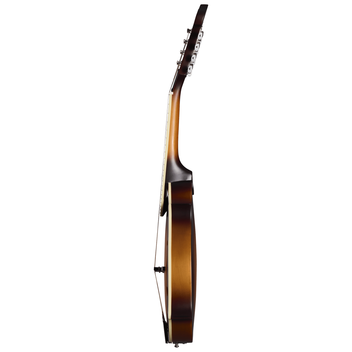 Epiphone F-5 Studio Mandolin in Vintage Sunburst Satin, showcasing close-up details of its strings and body craftsmanship. Perfect for bluegrass and classical music.