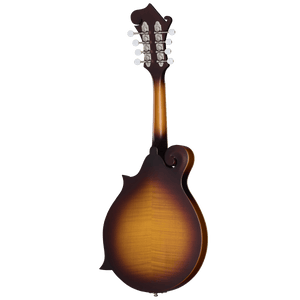 Epiphone F-5 Studio Mandolin in Vintage Sunburst Satin, showcasing its detailed craftsmanship and F-Style design with solid wood construction.