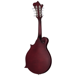 Epiphone F-5 Studio Mandolin in Wine Red Satin, close-up of the headstock and strings, showcasing the craftsmanship and detail of the musical instrument.