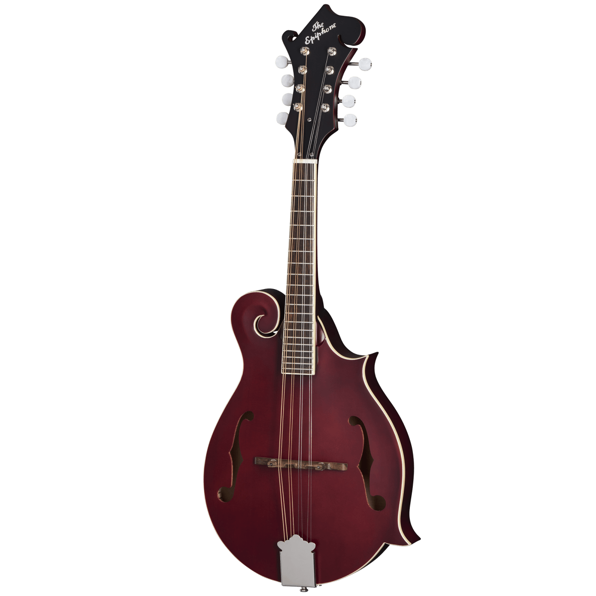 Epiphone F-5 Studio Mandolin in Wine Red Satin with white strings, showcasing a solid Sitka spruce top and maple back, suitable for bluegrass and classical performances.