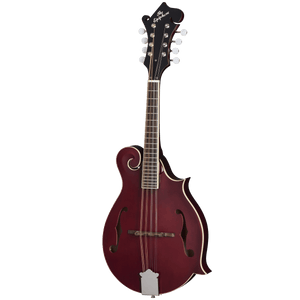 Epiphone F-5 Studio Mandolin in Wine Red Satin with white strings, showcasing a solid Sitka spruce top and maple back, suitable for bluegrass and classical performances.