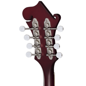 Epiphone F-5 Studio Mandolin in Wine Red Satin, close-up showing its fine craftsmanship and intricate details of the strings and tuning pegs.