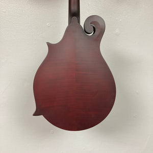 Epiphone F-5 Studio Mandolin, Wine Red Satin, close-up showcasing strings and craftsmanship details. Perfect for musicians seeking quality and tradition at Guitars on Main.