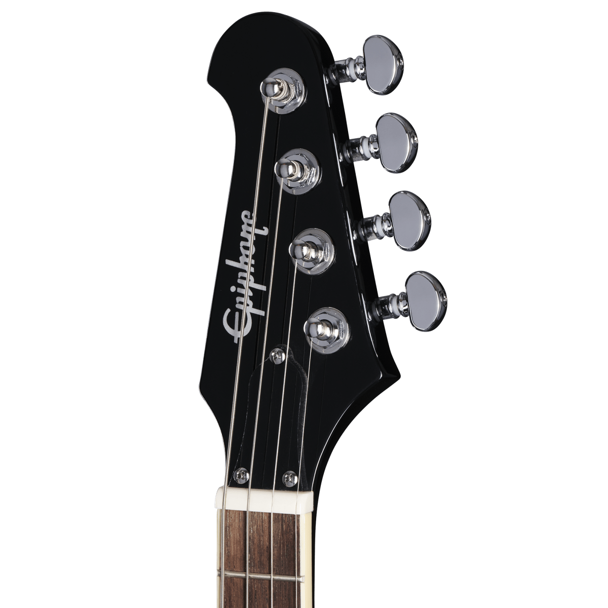 Close-up of the Epiphone Mandobird Mandolin headstock and strings in Vintage Sunburst finish.