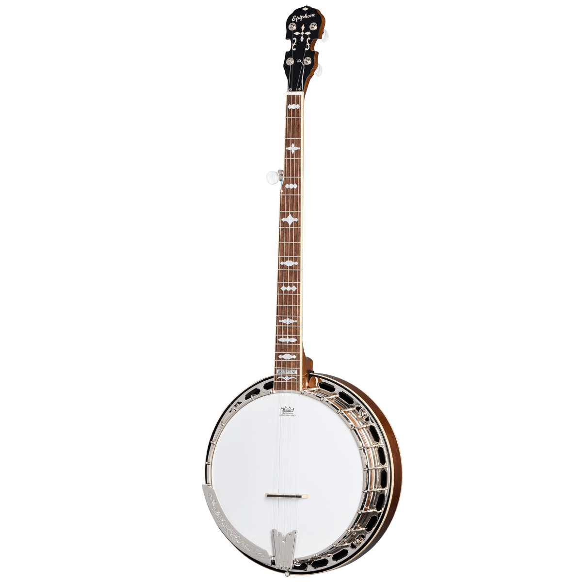 Epiphone Mastertone Classic Banjo - Natural, featuring a mahogany resonator, nickel hardware, and a Remo 11 frosted head, displayed against a black background.