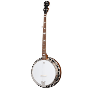 Epiphone Mastertone Classic Banjo - Natural, featuring a mahogany resonator, nickel hardware, and a Remo 11 frosted head, displayed against a black background.