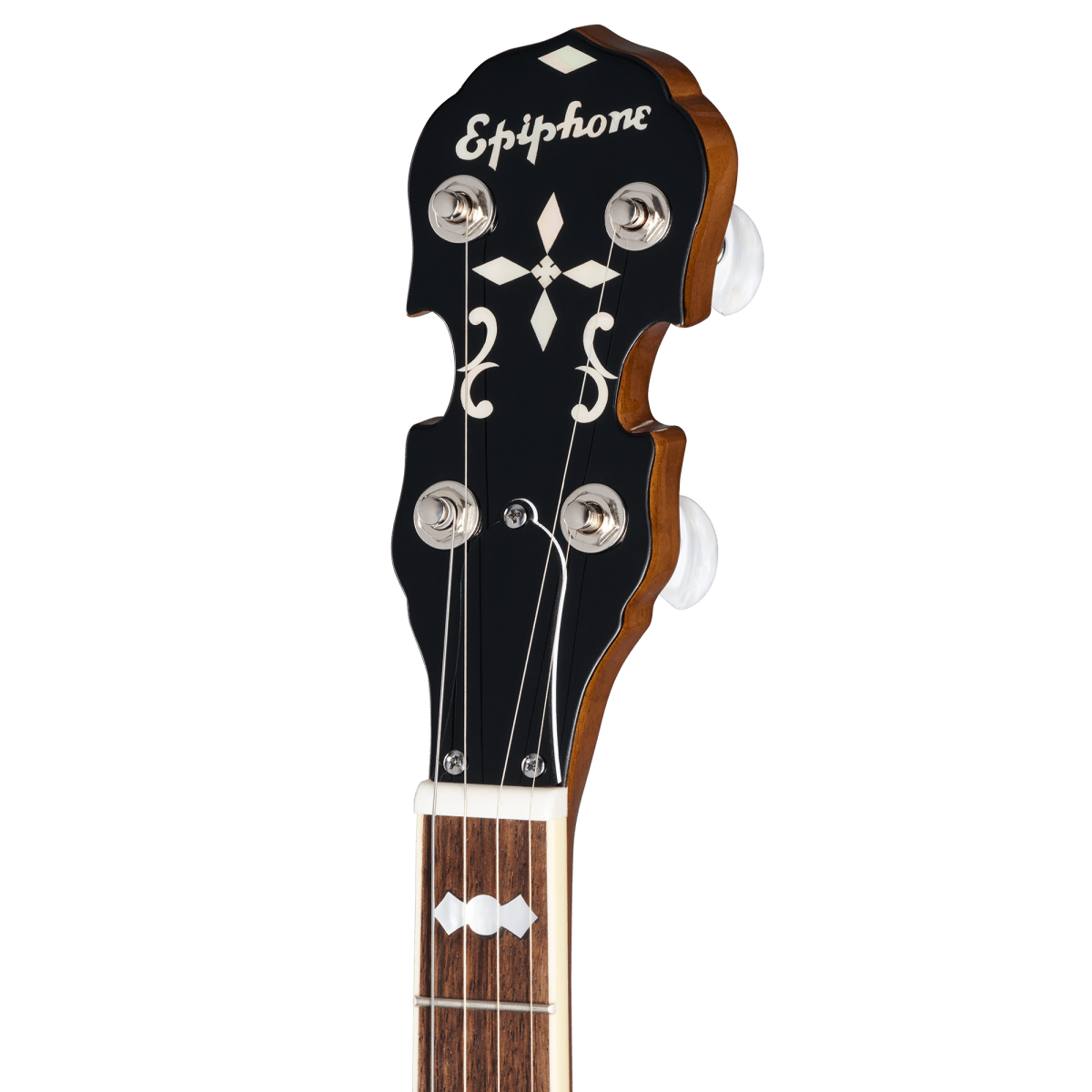 Close-up of the Epiphone Mastertone Classic Banjo head, showcasing its nickel hardware and detailed fretboard inlays.