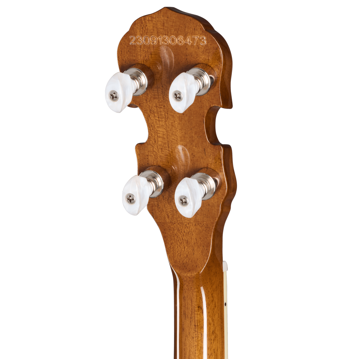 Close-up of the Epiphone Mastertone Classic Banjo head, showcasing its detailed tuning pegs and sleek design.