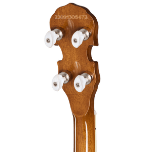 Close-up of the Epiphone Mastertone Classic Banjo head, showcasing its detailed tuning pegs and sleek design.