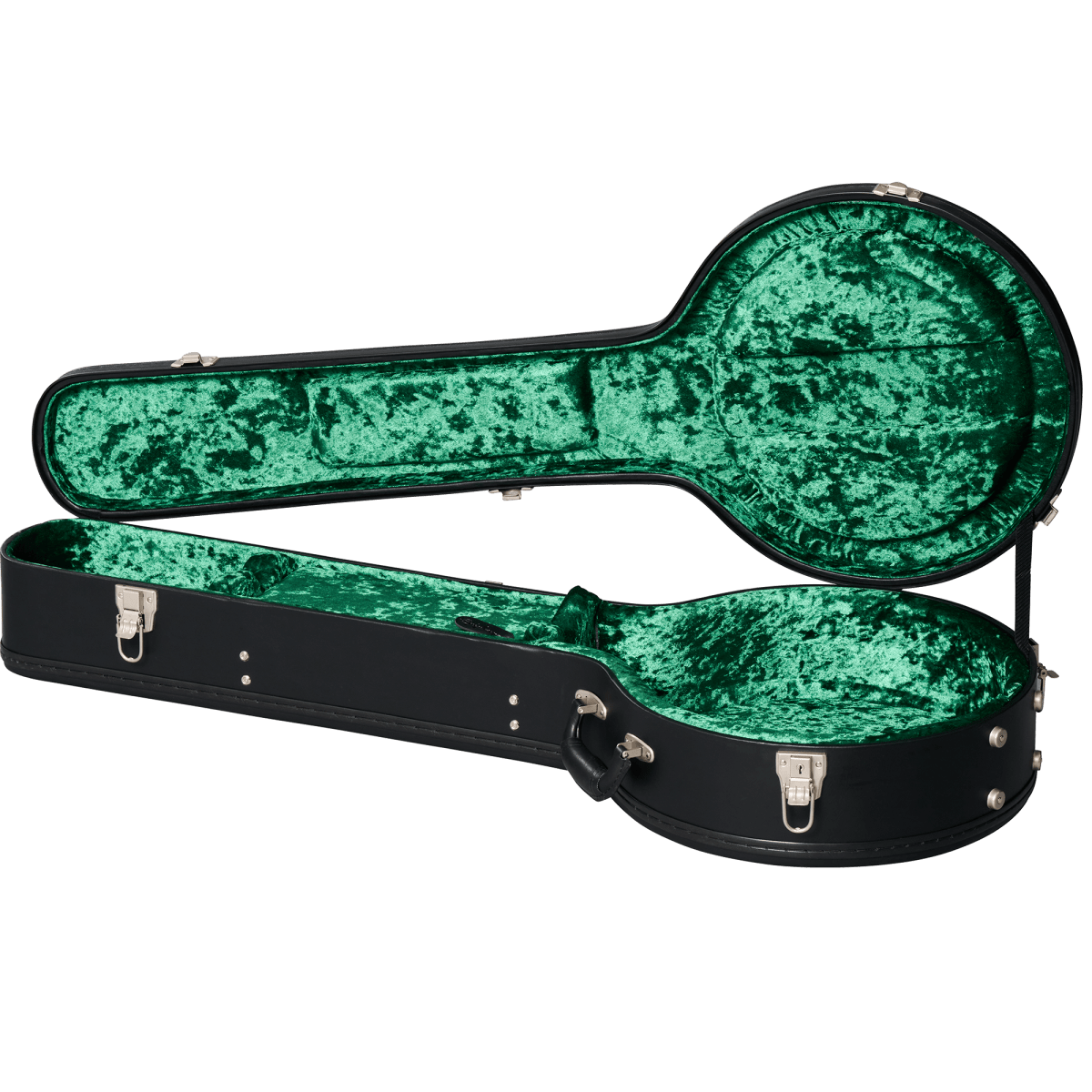 Epiphone Mastertone Classic Banjo in a green velvet-lined hardshell case with black handles and secure metal latches.