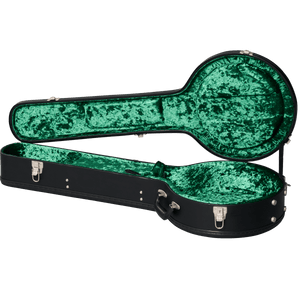 Epiphone Mastertone Classic Banjo in a green velvet-lined hardshell case with black handles and secure metal latches.