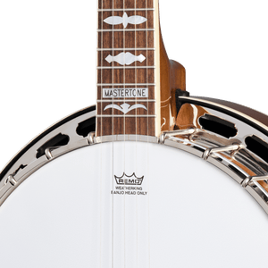 Epiphone Mastertone Classic Banjo - Natural, close-up of strings, neck, and head, showcasing detailed craftsmanship and premium build quality.